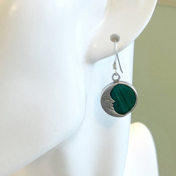 Beautiful Crescent Moon and Malachite sterling silver dangle earrings women's - Picture 1 of 5